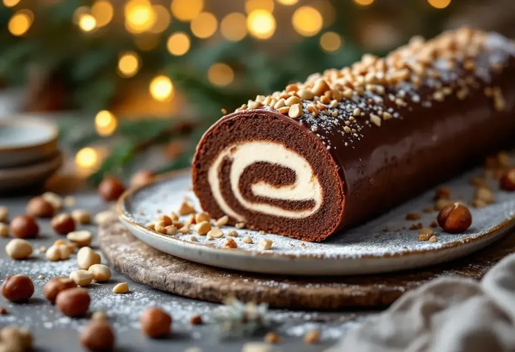 Ce roulé au chocolat et aux noisettes est le dessert de Noël qui marie gourmandise et élégance sur votre table