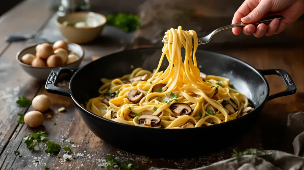Cuites ensemble, nappées de crème et fondantes à souhait : le one-pot pasta aux champignons ultra-rapide et réconfortant !