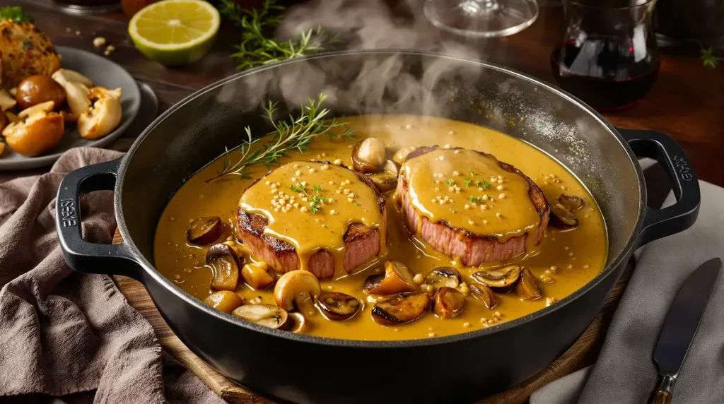 Filet mignon aux champignons et à la moutarde : un plat fondant, crémeux, familial et prêt en 30 minutes